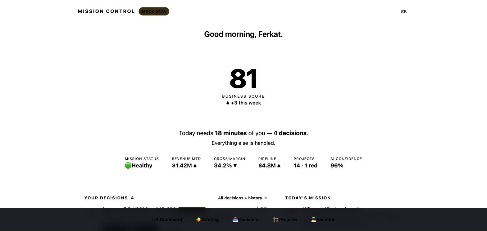 Mission Control home screen showing a daily business score and today's decisions