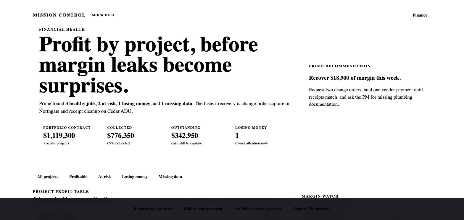 Mission Control profit by project screen flagging at-risk jobs