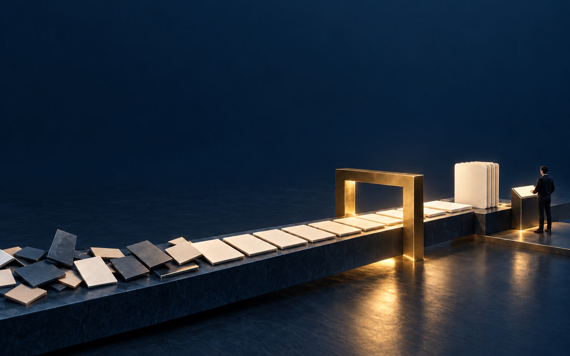 Scattered test tiles become an orderly row as they pass through a brass gate, ending at a stack of evidence and a person reviewing it.